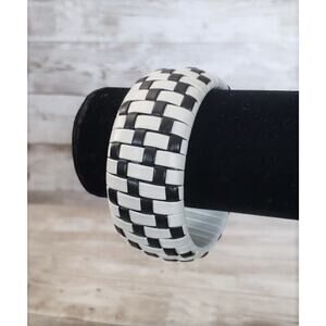 Vintage Bracelet / Bangle - Off White & Black Woven Checkered Pattern